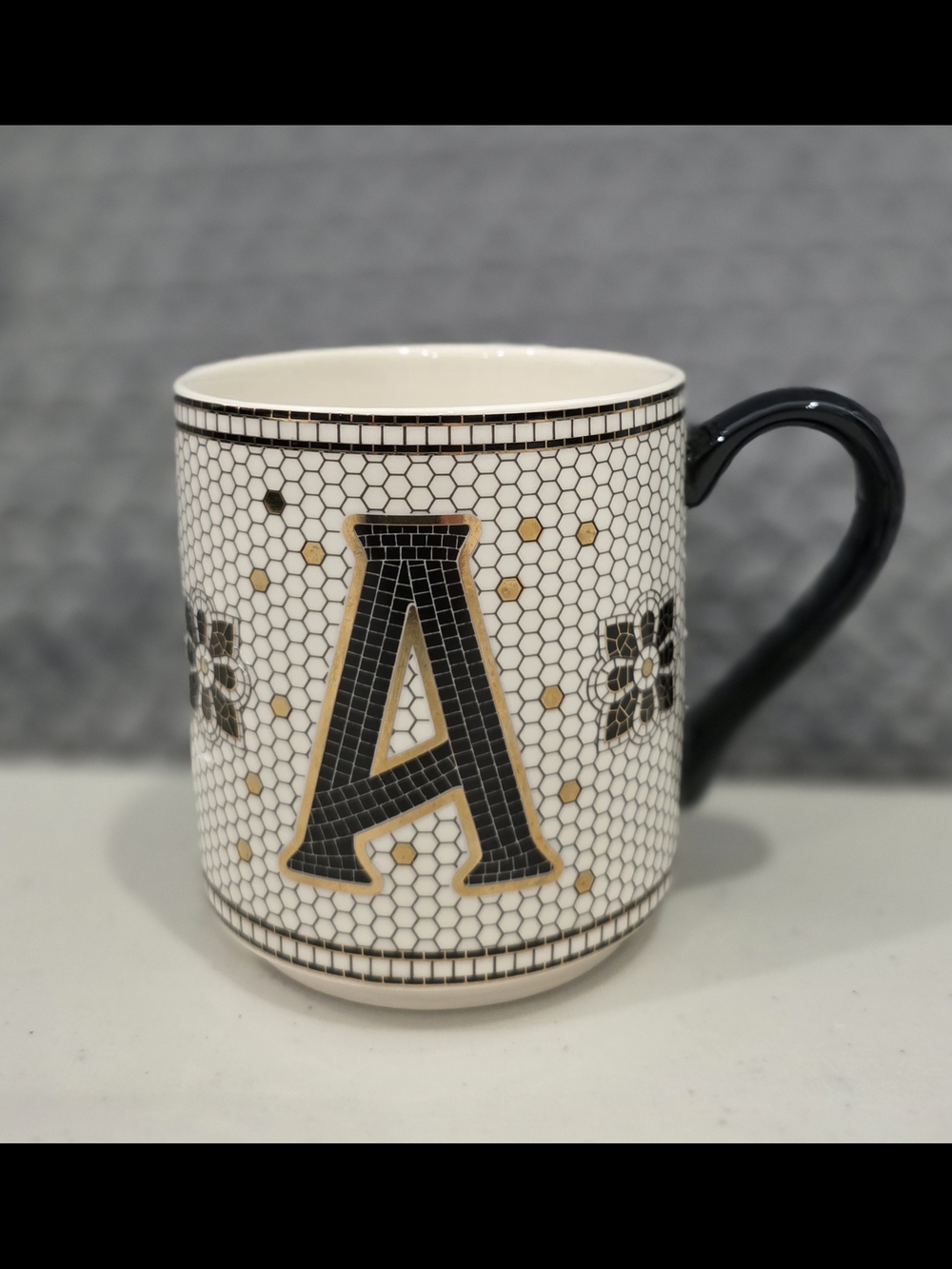 Anthropologie Mosaic Monogram 'A' Ceramic Mug in Black, White & Gold